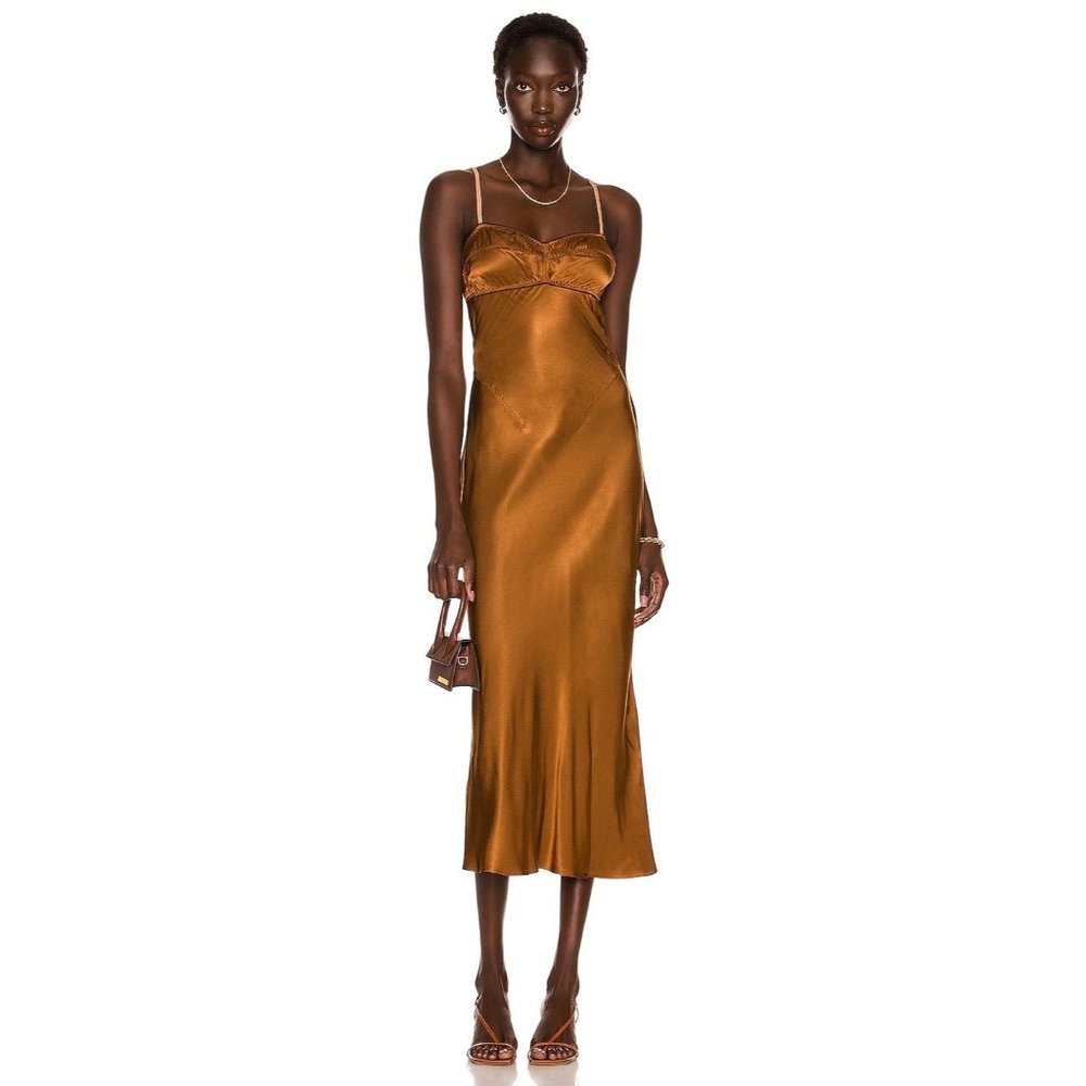 Anna October Satin Slip Midi Dress in Bronze